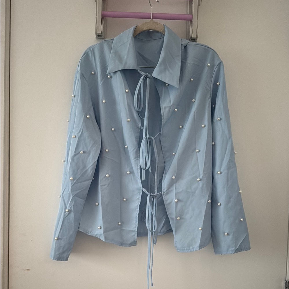 SHEIN Sky Blue Top with Pearl Accents